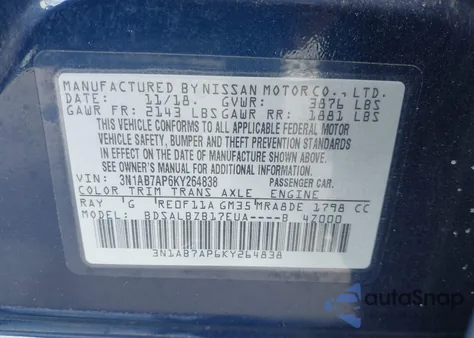 2019 Nissan Sentra S z USA, uszkodzony, nr VIN 3N1AB7AP6KY264838